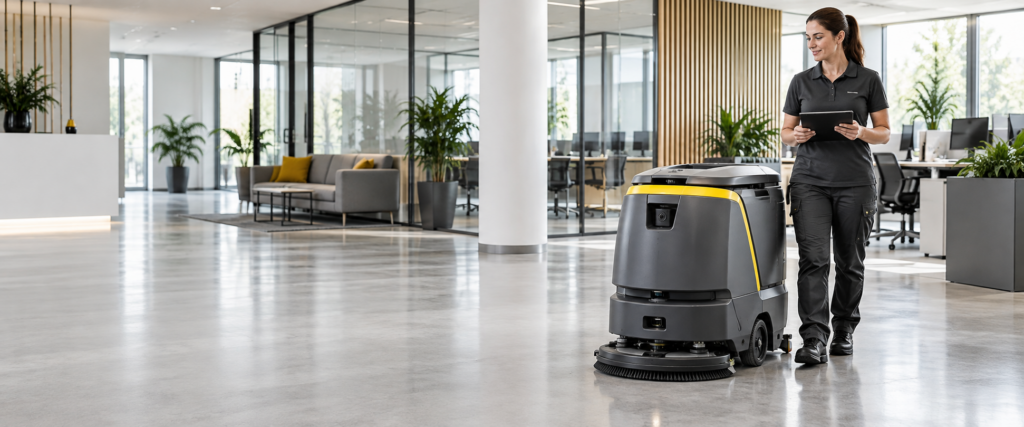 Reinigungsroboter unterstützt Mitarbeiterin bei der Büroreinigung