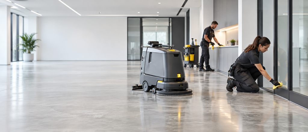 Reinigungsroboter und Fachkräfte bei einer Sonderreinigung