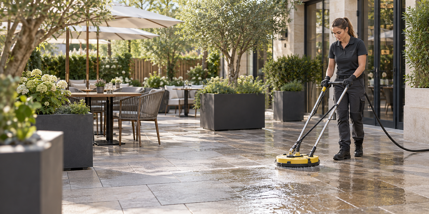 Mitarbeiterin reinigt eine Terrasse mit professionellem Gerät